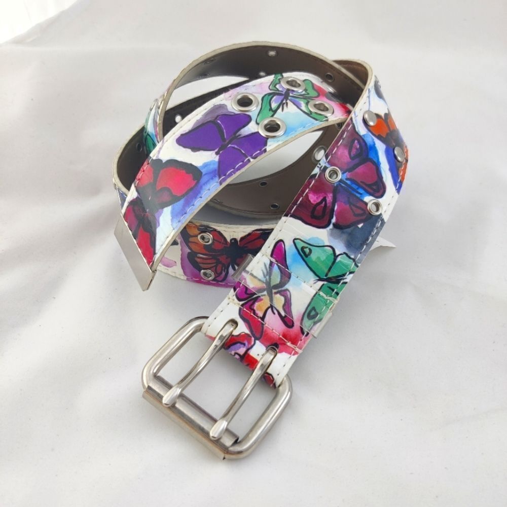 Relic x Fossil Butterfly Print Belt Medium 32–36 Double Prong Roller Buckle Y2K